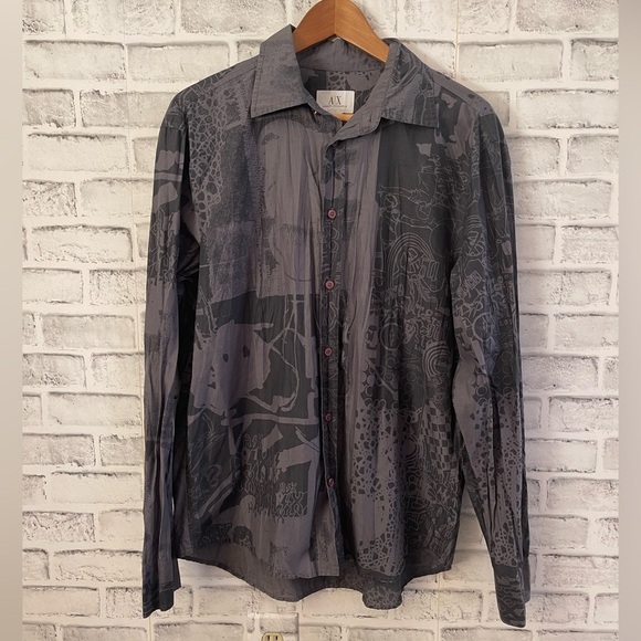 Men’s A/X Armani Exchange Long Sleeve button down gray graffiti style Shirt Med - Picture 1 of 3